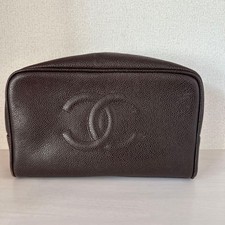 Auth CHANEL Coco Mark Clutch Bag Cosmetic Pouch Leather Brown A01996 W/Box  Bag