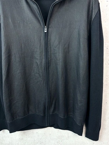 Hugo Boss 100% Virgin Wool Perforated Leather Full Zip Sweater Jacket Men XL image 5