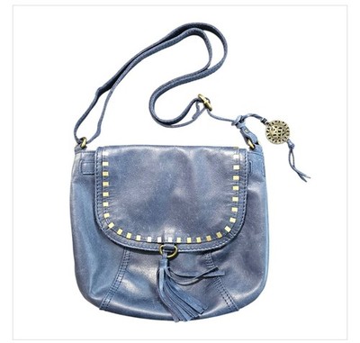 The Sak Navy Blue Serrano Leather Saddle Bag Crossbody Purse Fringe Metal Accent