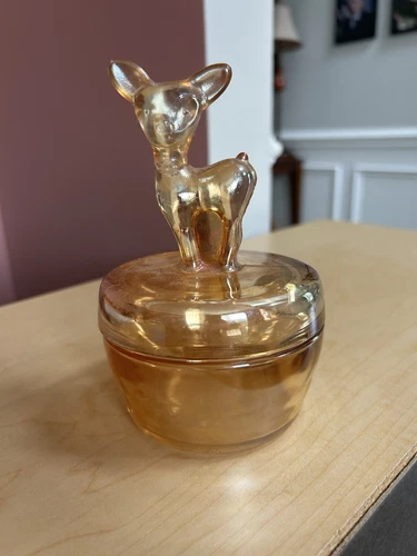 VINTAGE DEER Peach LUSTER CARNIVAL JEANETTE GLASS CANDY DISH Trinket Jar 2 Piece