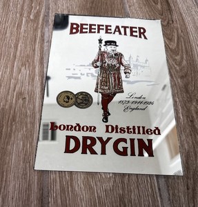 Vintage 70’s Beefeater London Mirror Wall Sign England Distilled Dry Gin  12"x8