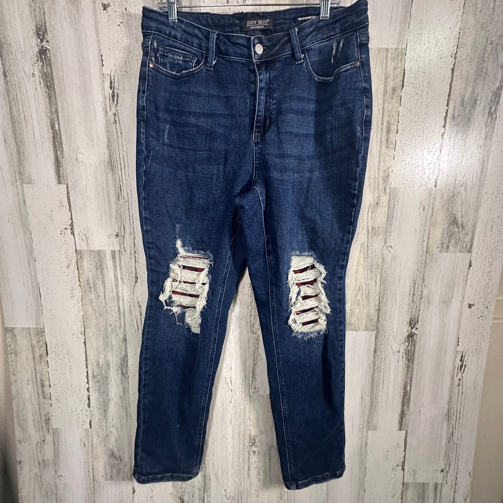Judy Blue Distressed Boyfriend Jeans – Buffalo Check Knee Patch – Size 14W