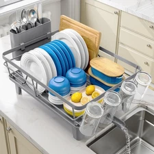 Dish Drying Rack for Kitchen Counter, Sink Dish Rack with Drainboard, Large D...