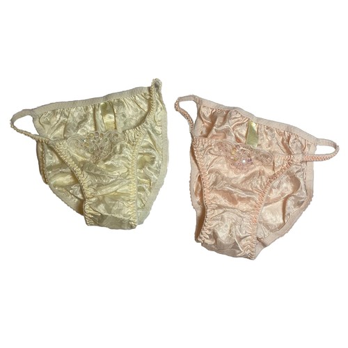 Vintage Sears Inner Most String Bikini Höschen Rosa Elfenbein Satin Spitze Größe Small