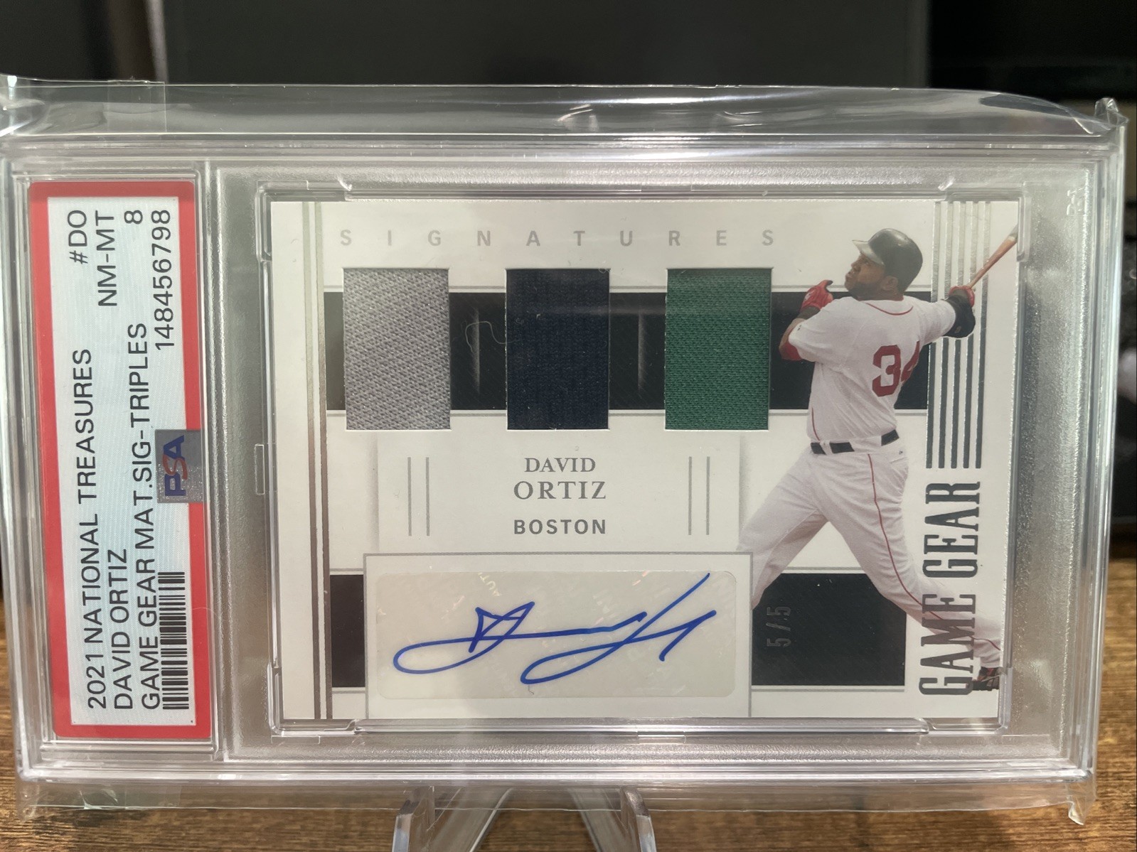 2021 National Treasures David Ortiz Game Gear Signatures Triples SSP /5 PSA 8 view 2