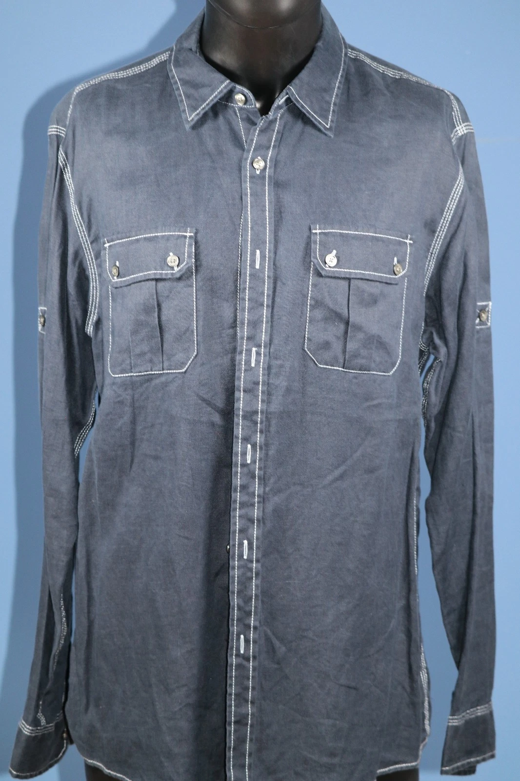 Michael Kors Mens Linen Shirt L Blue Button Down Roll Tab Sleeves Casual 44"