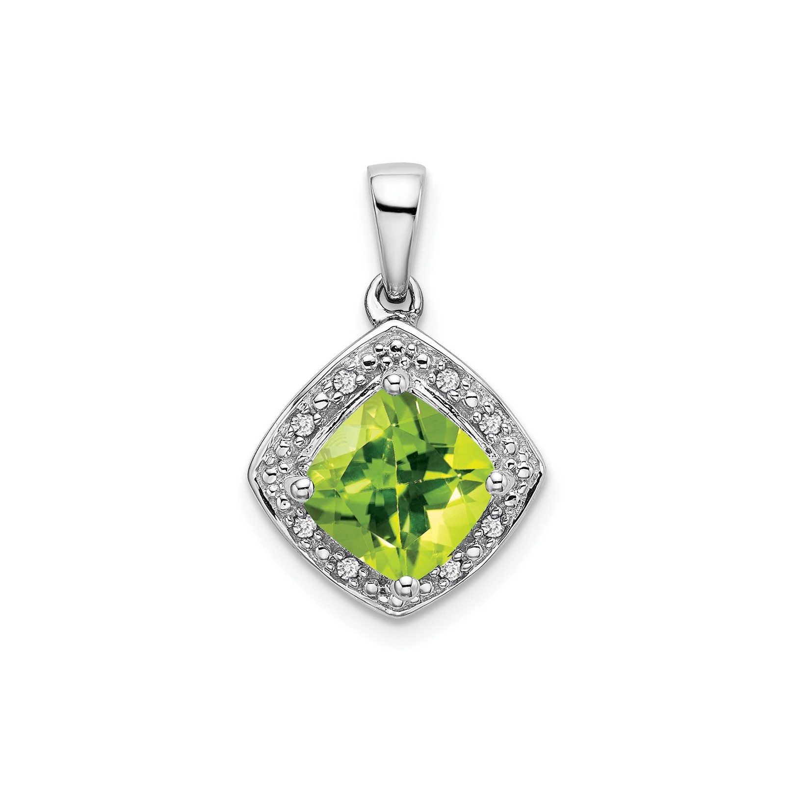 14k White Gold Peridot Pendant Necklace Green Cushion Cut Halo August Birthstone