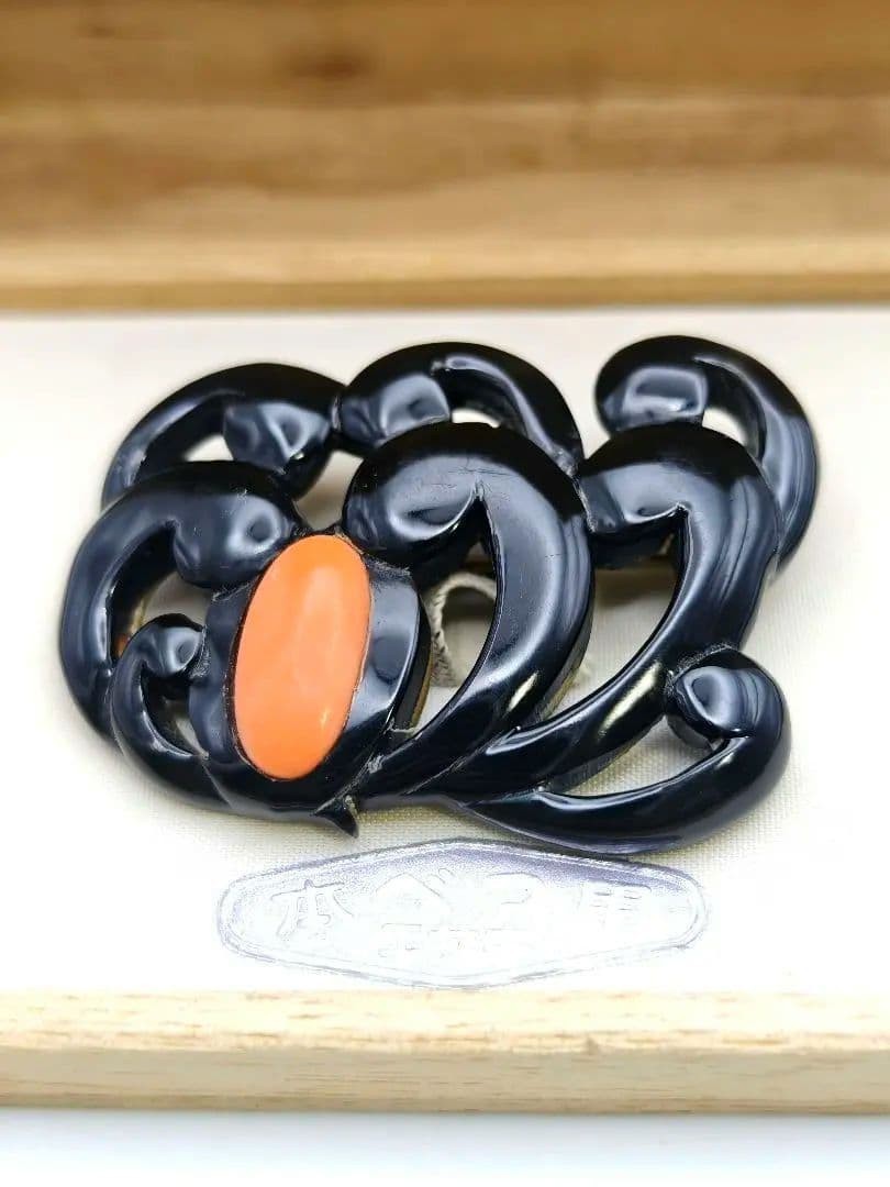 Genuine Black Tortoiseshell Brooch Coral Accents Master Carved Artisan Piece