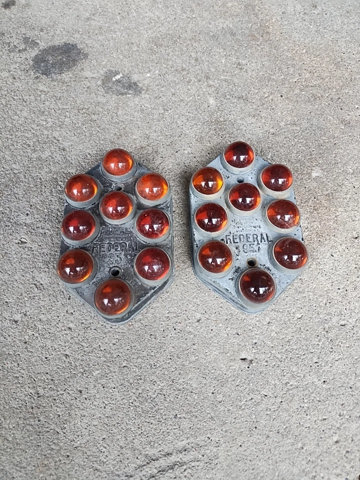 2 tampas refletoras antigas antigas Federal 95 laranja âmbar vidro mármore olho de gato EUA - Imagem 3 de 4
