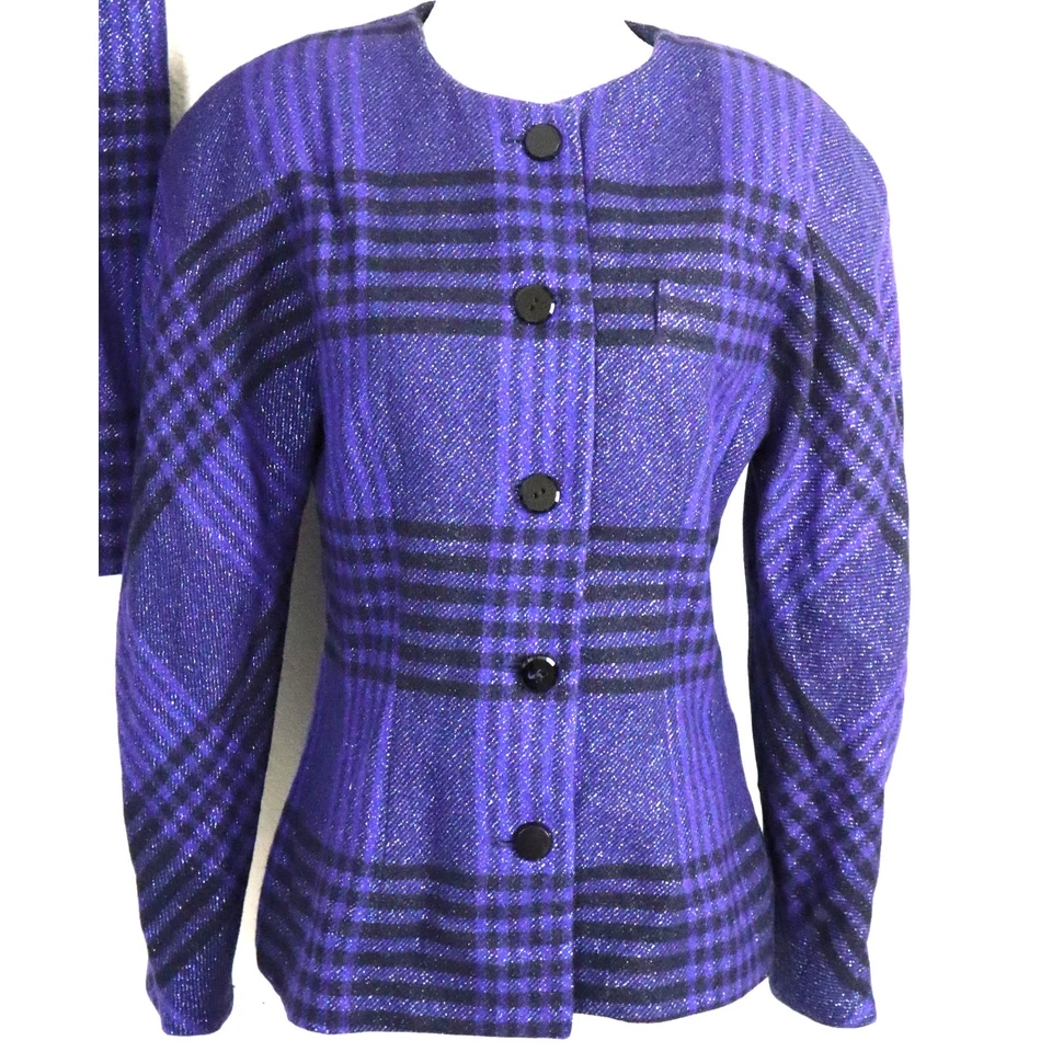 De colección Años 80 Lillie Rubí Lana Midi Falda Larga Traje Chaqueta Retro Azul Negro Cuadros Foto 3 de 4