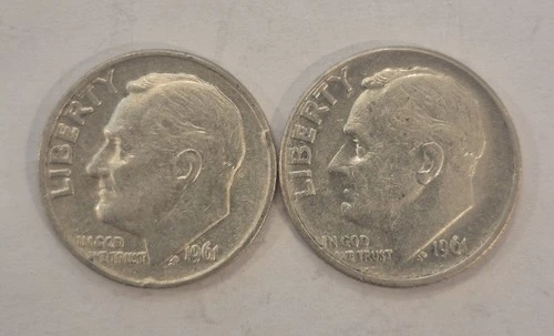 Lot of 2 ~ 1961, 90% Silver Roosevelt Dimes. Good Condition! P & D.