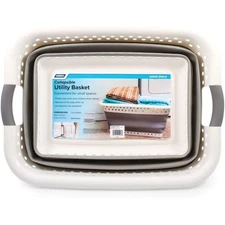 Camco Collapsible Laundry Basket, Plastic Bin, Handles for Storage, Large, White