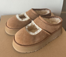 NEW UGG Bea Mary Jane Chestnut Suede Sheepskin Lined Platform Slipper Size 7