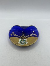 Vintage Murano Vimax Hand Painted Floral Art Glass Dish Trinket Cobalt Gold Gilt