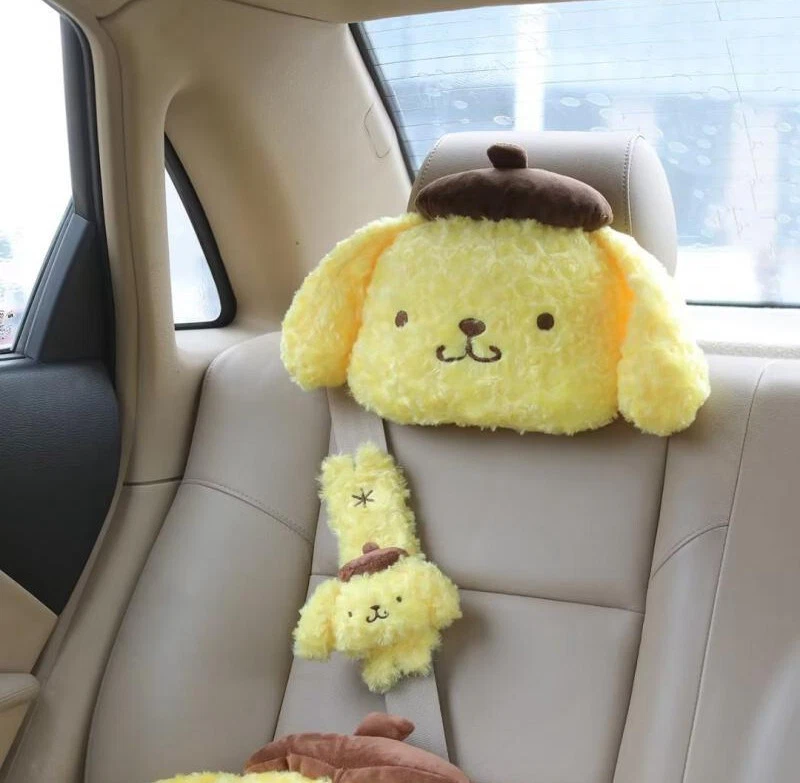 2pcs Furry Pompompurin Car Neck Pillow Headrest Seat Belt Cover Shoulder  Pad Set