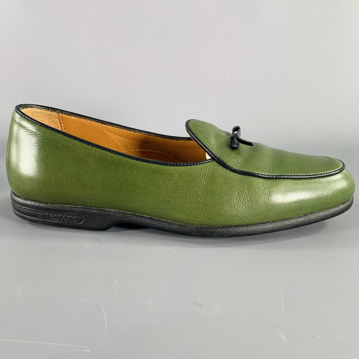 A.TESTONI Size 8 Green Black Contrast Stitch Leather Slip On 