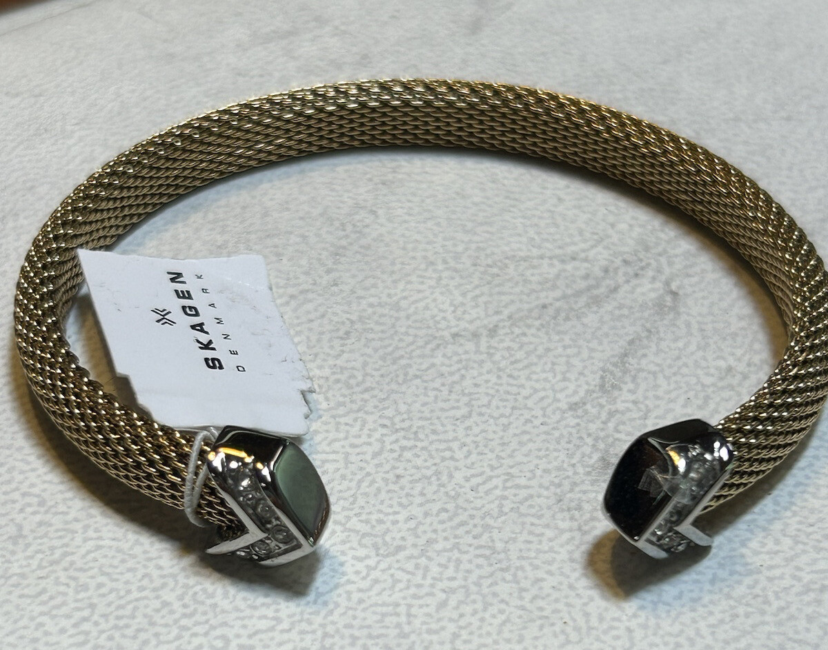 SKAGEN Gold Mesh Bangle Bracelet With Swarovski crystals Tone