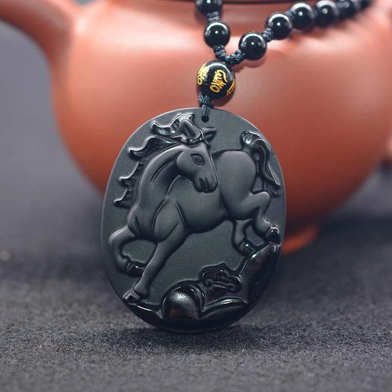 Black Obsidian Horse Necklace Pendant Lucky Amulet Jewelry Jade