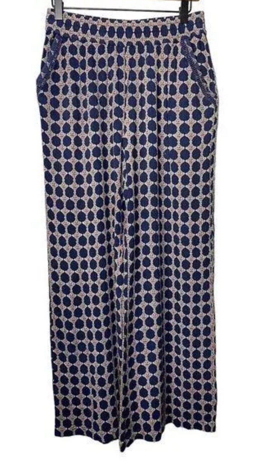 Anthropologie Mermaid Dot Print Blue Beach Pants Wide Leg Size L Large