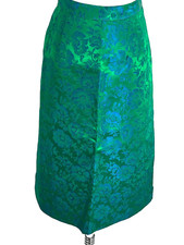 Vtg Pencil Skirt Womens 10 12 Large 18.5 Green Floral Damask Satin Union Made