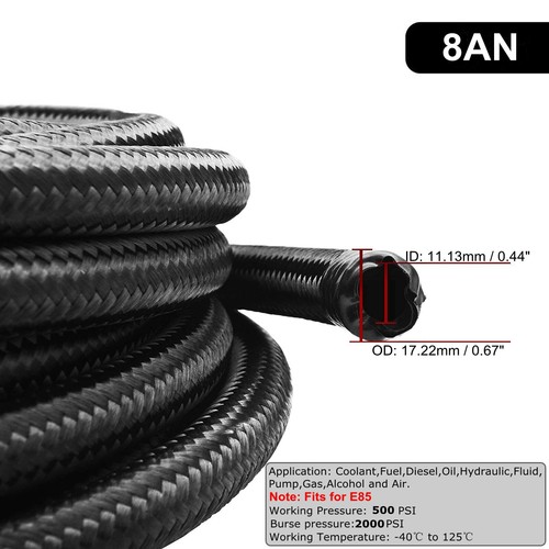 8AN 1/2" Fuel line Hose Braided Stainless Steel Oil Gas CPE Black 10FT/20FT - Picture 2 of 7
