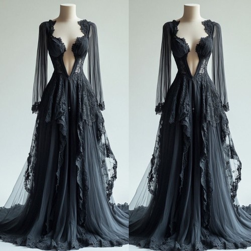 Gothic Black Wedding Dresses Long Sleeves Victoria A Line Deep Neck Bridal Gowns - Picture 1 of 9