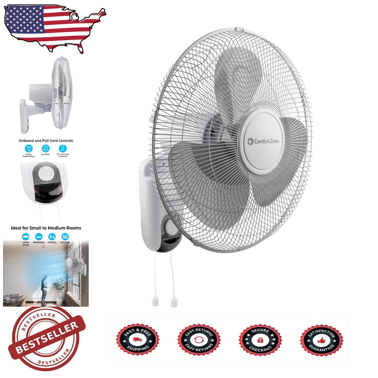 16-Inch Adjustable Wall Mount Fan with 90° Tilt and Oscillation for Optimal Cooling