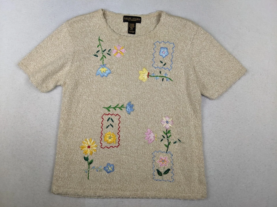 SALON STUDIO НА HABAND - ЖЕНЩИН БЕЖЕВЫЙ ВЫШИТЫЙ СВИТЕР С КОРОТКИМ РУКАВОМ - РАЗМЕР L - Изображение 2 из 4