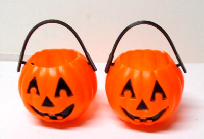 2 Vintage Small Halloween Jack-O-Lantern Blow Mold Candy Container Buckets