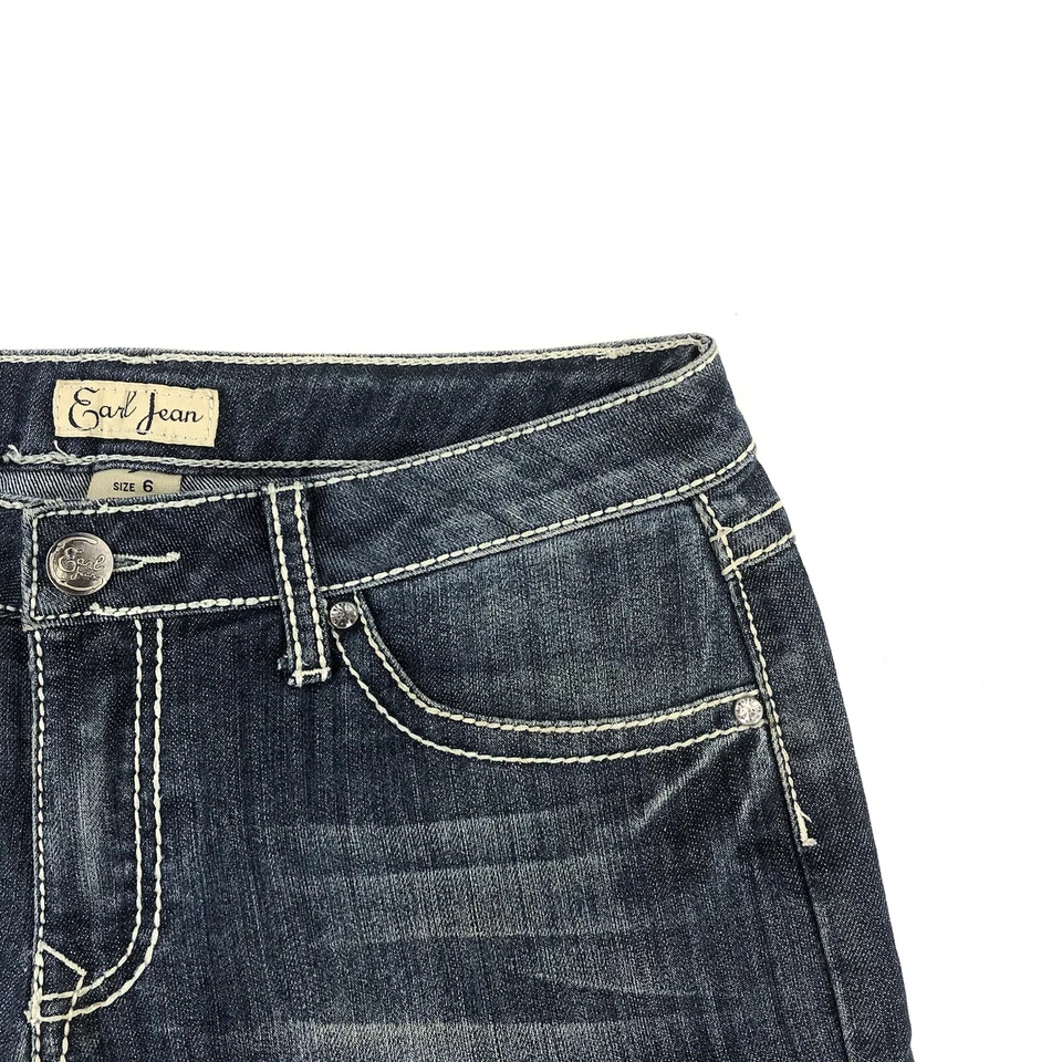 Earl Jean Cuffed Shorts Womens 6 Rhinestones Thick Stitch Blue Flap Pockets W30” - Image 3 of 4