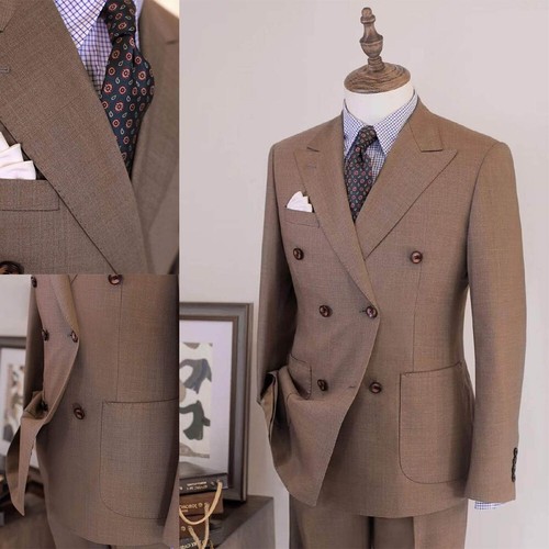 Business Men's Suits Peak Lapel Double Breasted Formal Tuxedos Fit Wedding Groom