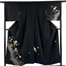 Japanese Silk Kimono M 151cm Black Cherry blossom Flowing water Lined With seal