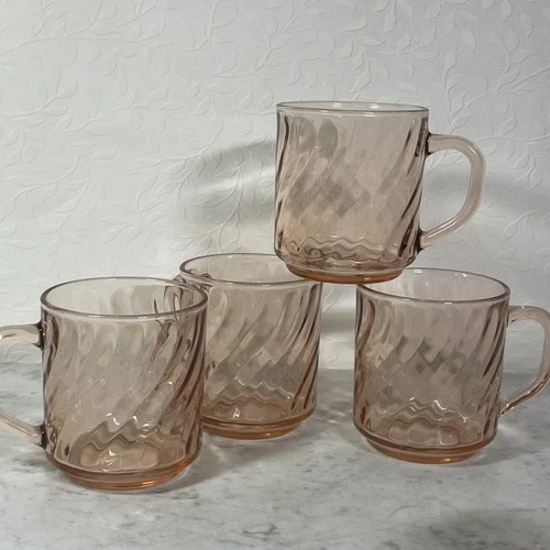 Vintage Lot Of 4 Arcoroc Pink Swirl Mugs France Rosaline Elegant Glass 8 oz Tea