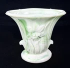 VTG Akro Agate Green Swirl Lily Slag Milk Glass Vase USA 4.25" x 5”