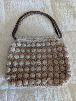 Vintage Tan Crochet Handbag  Popcorn Pattern Lined 70s Boho Granny Chic Twee