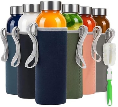 Epica Clear Glass Bottles with Lids, 18 oz Water Bottles, with sleeves