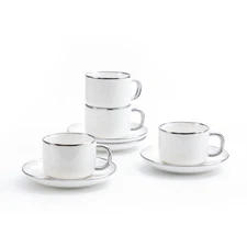 4 Set White Porcelain Tea Cups and Saucers with Silver Trim 6.76 Ounce Set