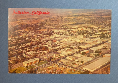 1968 postcard aerial view FULLERTON CALIFORNIA amusement rides in foreground