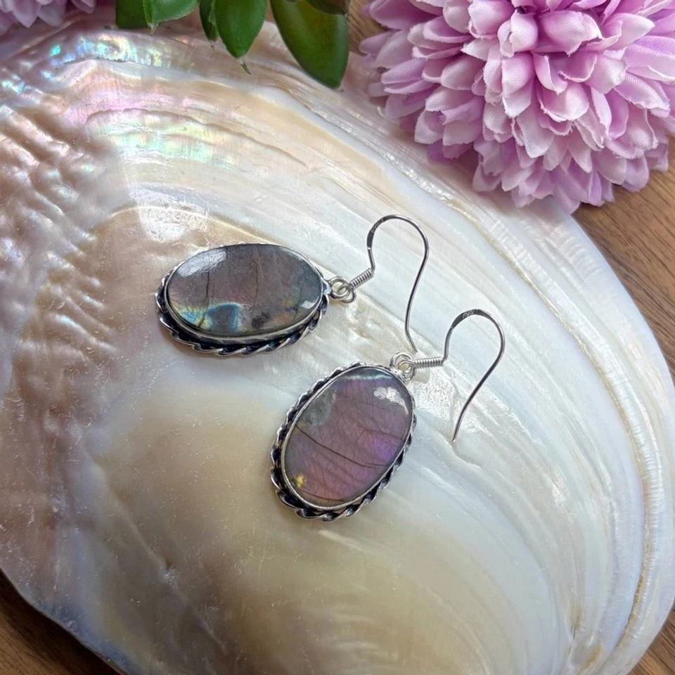 Conjunto de Joyas Pendientes Colgantes Labradorita Púrpura Natural Ovalados Vintage Boho Nuevo Foto 4 de 4