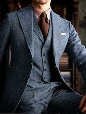 Men's Blue Wool Tweed Check Vintage Retro 3 Piece Prom Groom Tuxedo Wedding Suit