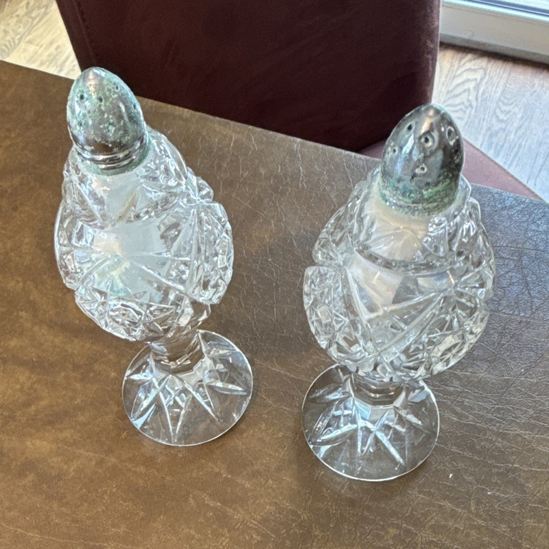 Bohemian or Check Cut Crystal Starburst Salt & Pepper Shakers Set of 2