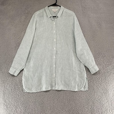 Garnet Hill Linen Tunic Top Womens Large Green Stripe Button Up Shirt Relaxed