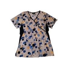 Cherokee Scrub Top Shirt Women's Medium Short Sleeve Black Blue Yellow Flower