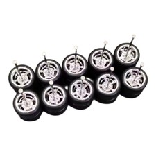 5 Sets 5 Spoke Chrome Rim Mix  11mm Rubber Tires For 1/64 Hot Wheels Swap