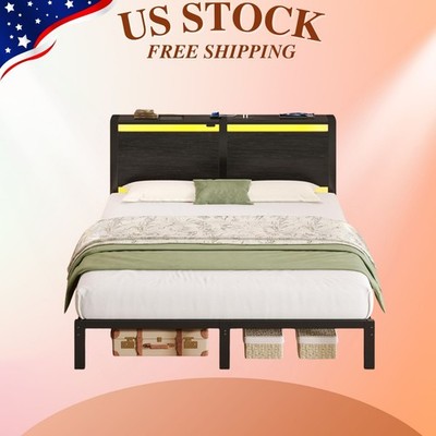 NEW Full Size Bed Frame Charging Station LED Headboard Storage Black Oak 80C