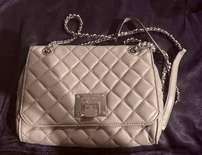 Michael Kors Quilted Gray Small Shoulder Bag Silver Chain Strap Turn Lock