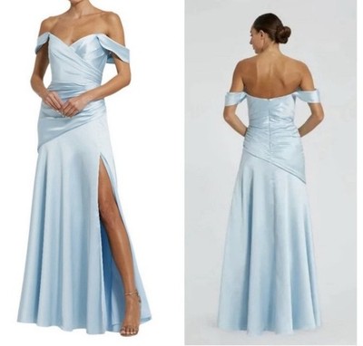 Mac Duggal Blue Satin Off The Shoulder Crossover Gown Size 14