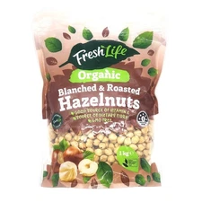 Freshlife Organic Blanched & Roasted Hazelnuts GMO-Free Vitamin E Fibre 1kg Bag