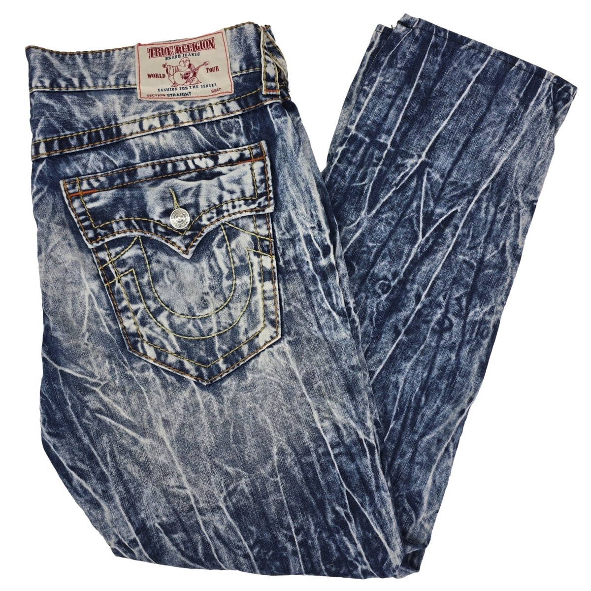 True Religion Jeans Men 38 Straight Acid Wash Distressed Denim