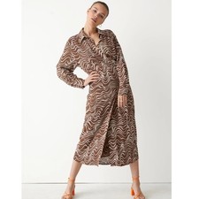 & Other Stories Brown Wavy Print Wrap Midi Dress Sz 6 Psychedelic Mod Long Sleev